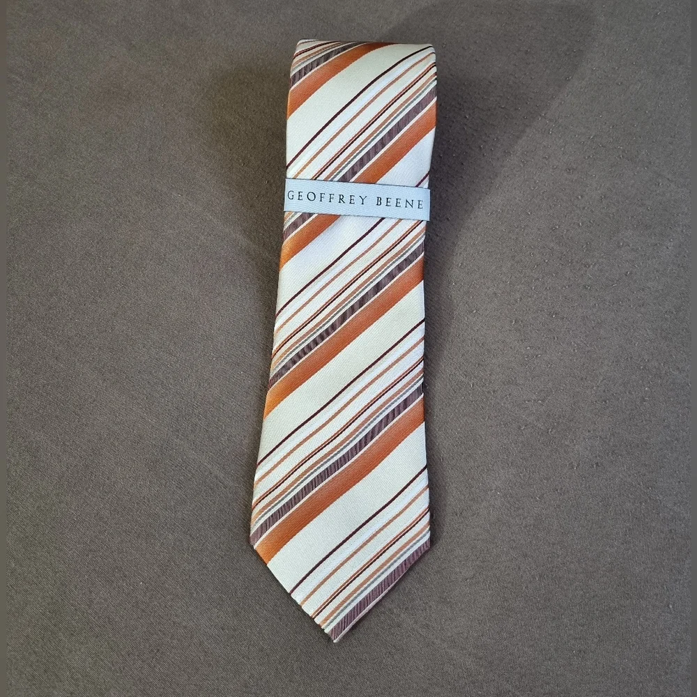 Geoffrey Beene Men's Striped Tie - Orange and Brown - Picture 6 of 10